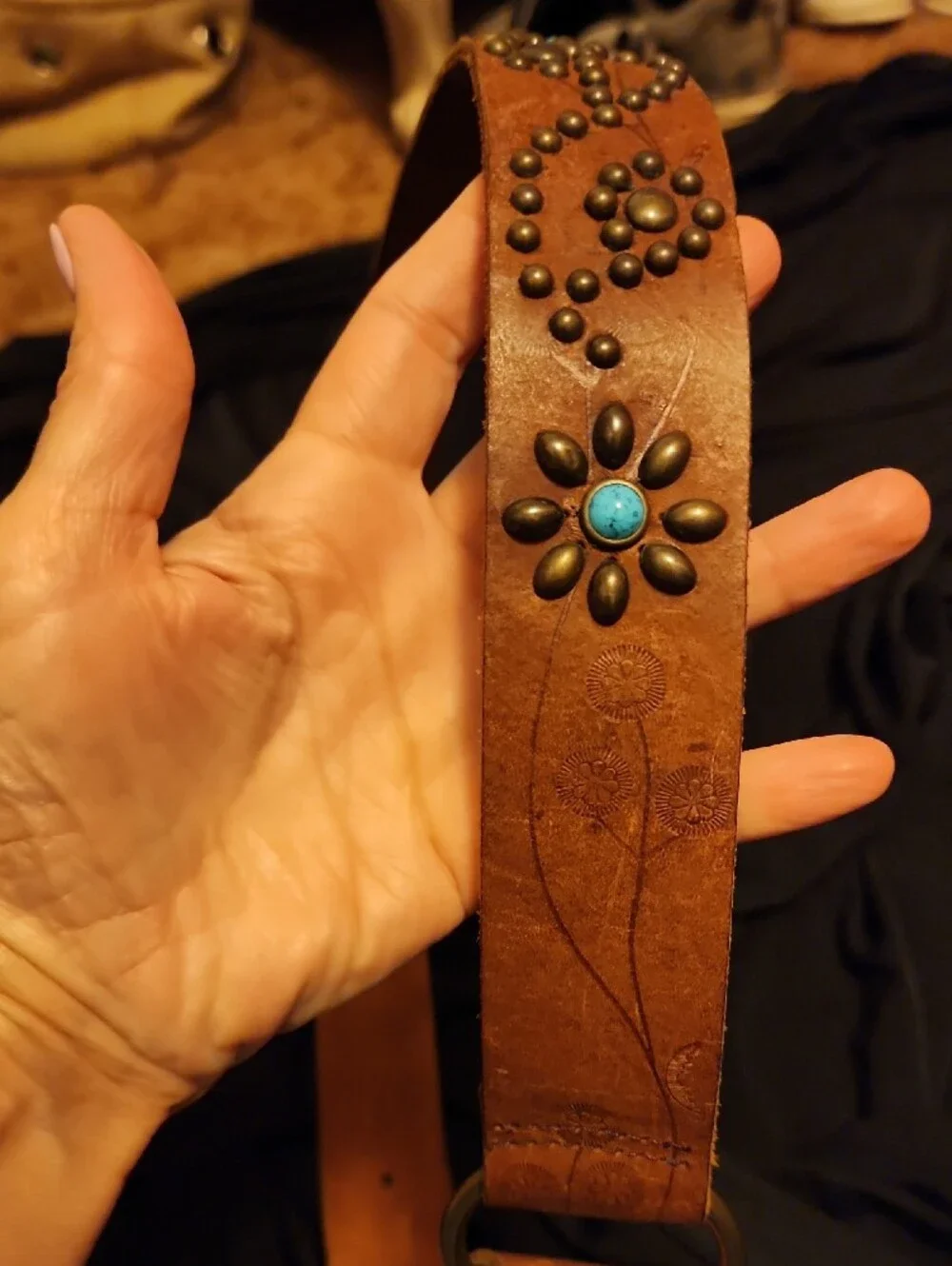 Women's Brown Leather Studded Belt with Turquoise Accents
